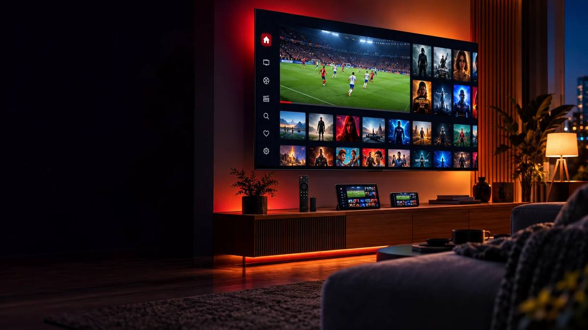 Prueba IPTV gratis 24 horas en una Smart TV en casa, con fútbol en directo, películas y series, y el mismo servicio en tablet y móvil